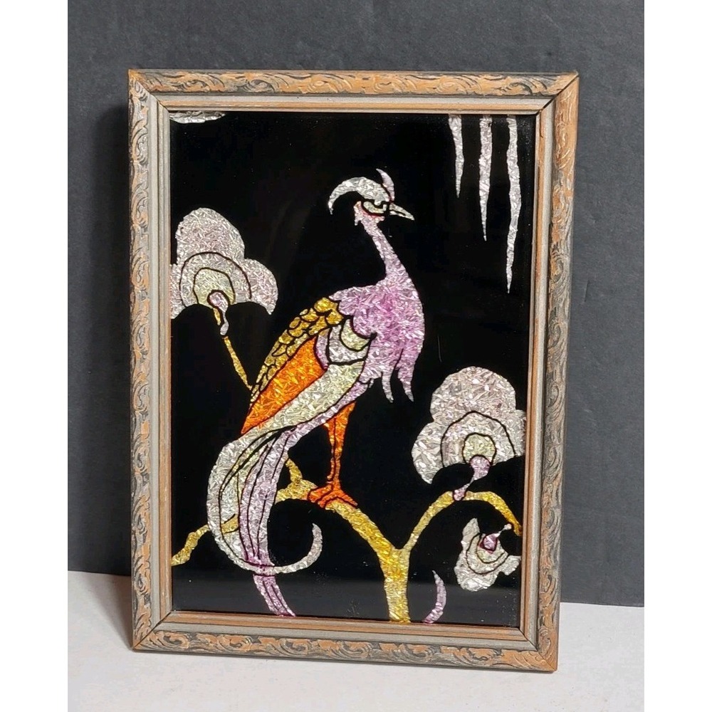Vintage 1941 Reverse-Painted Foil Art Peacock Eloise Connelly Artwork